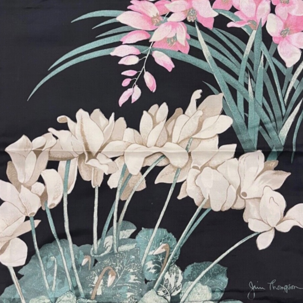 Jim Thompson Set of 2 Black Floral Thai Silk Square Pillow Case 16"x16"